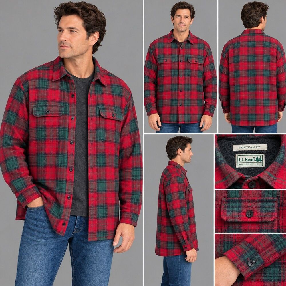LL Bean Fleece Lined Flannel Shacket Jacket Men XLT Tall Red Black Buffalo Plaid